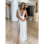 Load image into Gallery viewer, Elegant Tassel Hollow Out Long Dress for Women Sexy Patchwork Backless Split Sleeveless Robe Holiday Lady Beach Party Vestidos  Amaijoin
