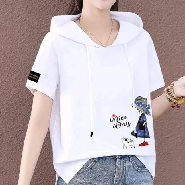 Short Sleeve Summer Thin White T-shirt Women Casual Fashion Top Loose Style Polyester Fabric Cartoon Design  Amaijoin