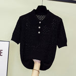 Load image into Gallery viewer, Summer Women Sweater Pullover 2023 Short Sleeve Fashion Polo Collar Solid Knitting T-shirt Loose Casual Sexy Hollow Out Sweaters  Amaijoin
