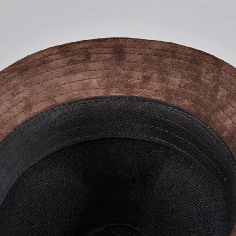 Men Genuine Leather Suede Cow Skin Nubuck Brown Fedoras Hats Women Gentleman Male Jazz Hip Pop Caps 56-60cm Fitted Hat  Amaijoin