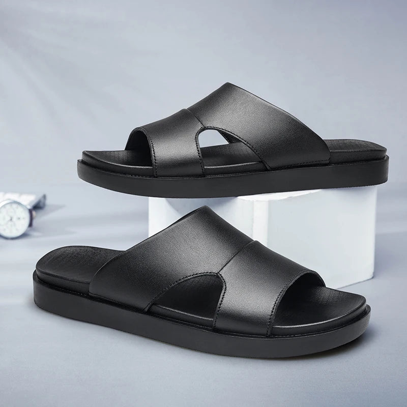 High-quality New Summer Men Black Thick Bottom Sandals Genuine Leather Quality Beach Slippers Casual Shoes Outdoor Beach Shoes  Amaijoin