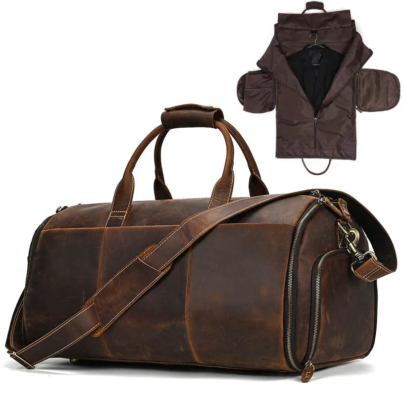 Crazy Horse Leather Folding Suit Bag Man Business Travel Bag With Shoe Pocket Clothes Cover Luggage Duffel Bag Man Bag For Suits  Amaijoin