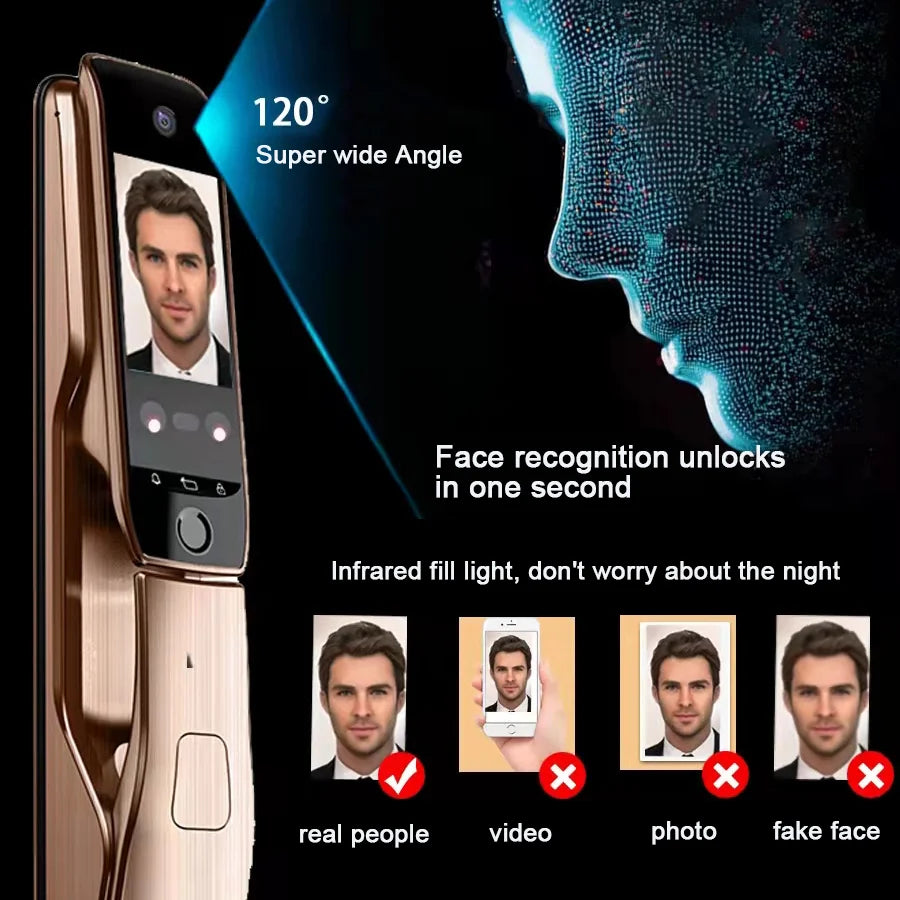 WiFi Tuya APP Voice Intercom Digital Door Lock  High Quanlity 3D Face Recognition Smart Door Lock With Camera  Amaijoin