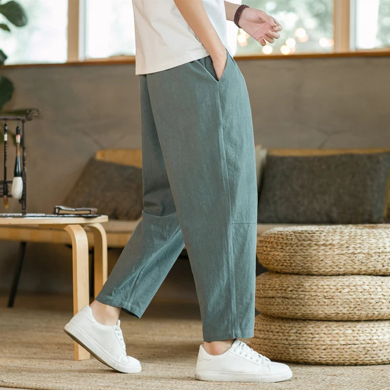 2023 Summer Men's Trousers Cotton Linen Fashion Casual Pants Solid Color Breathable Loose Shorts Straight Pants Streetwear M-5XL  Amaijoin