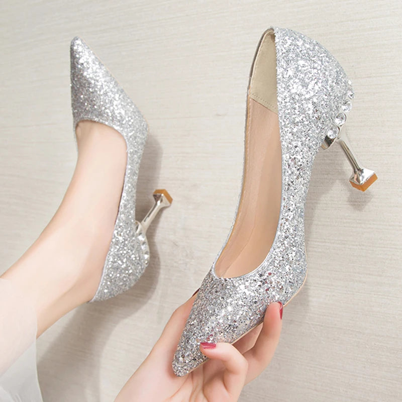 Lucyever Gold Silver Sequins Women Pumps 2022 Luxury Crystal High Heel Party Wedding Shoes Woman Elegant Pointed Toe Pumps Mujer  Amaijoin