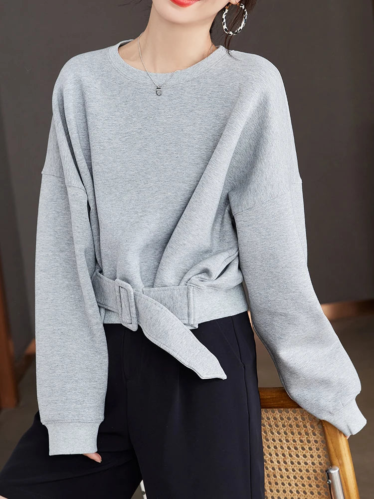 Stylish Grey Sweatshirts Autumn Winter Women Plain Long Sleeve Belt Waist Loose Casual Oversize Pullovers Korean Short Jumper  Amaijoin