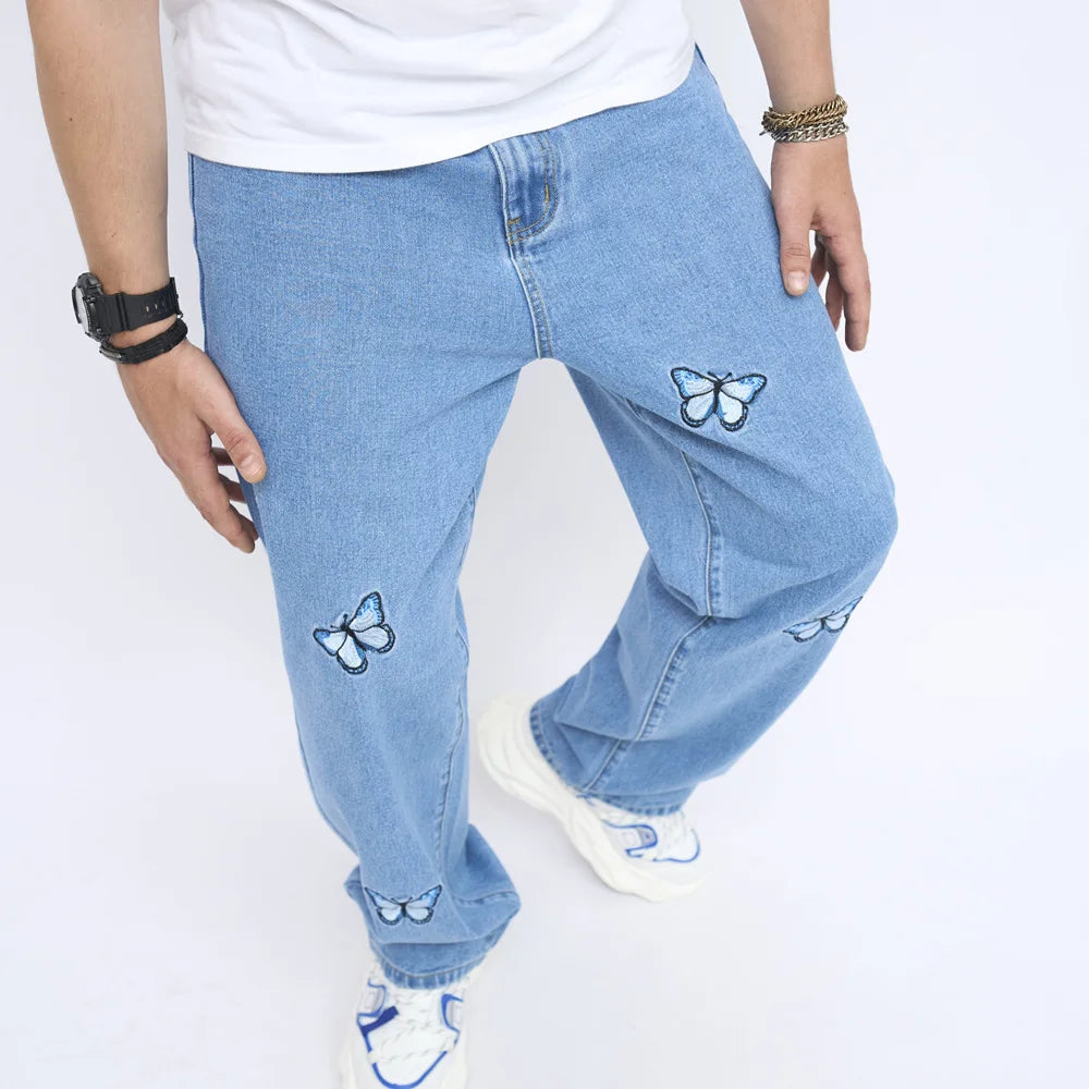 2023 New Men Butterfly Embroidery Stylish Loose Straight Jeans Pants Male Cotton Casual Denim Trousers  Amaijoin