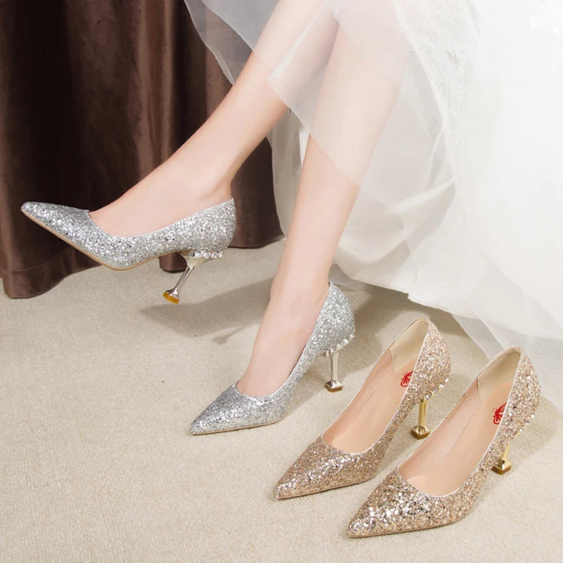 Lucyever Gold Silver Sequins Women Pumps 2022 Luxury Crystal High Heel Party Wedding Shoes Woman Elegant Pointed Toe Pumps Mujer  Amaijoin