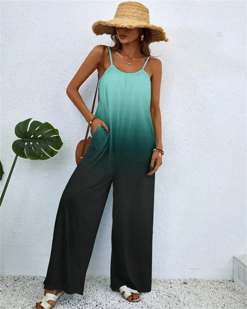 Spring and summer 2024 ladies digital printing color gradient sleeveless casual baggy jumpsuit  Amaijoin