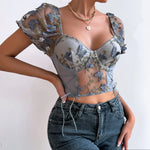 Load image into Gallery viewer, Koltailace Bufferfly Embroidery Puff Sleeve Top Women V Neck Summer Backless Short Sleeve Sexy Cropped Top Blouse  Amaijoin
