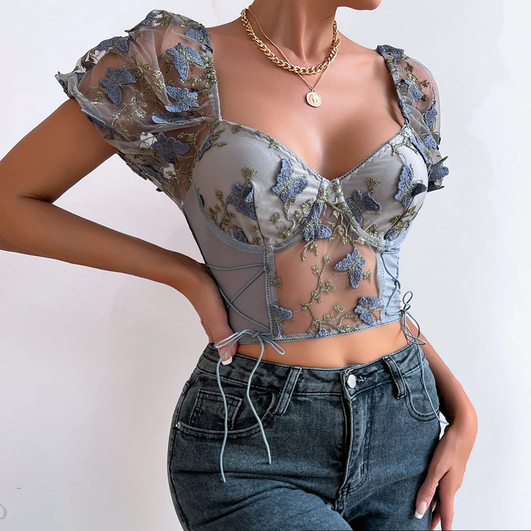 Koltailace Bufferfly Embroidery Puff Sleeve Top Women V Neck Summer Backless Short Sleeve Sexy Cropped Top Blouse  Amaijoin