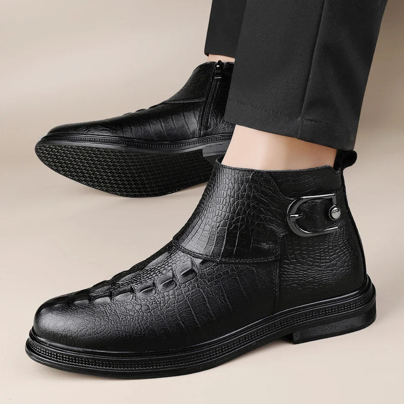 Men's Shoes Crocodile Pattern Low Top Male Shoes Genuine Leather Mens Slip on Ankle Boots 2023 Stylish Classic Motorcycle Boots  Amaijoin