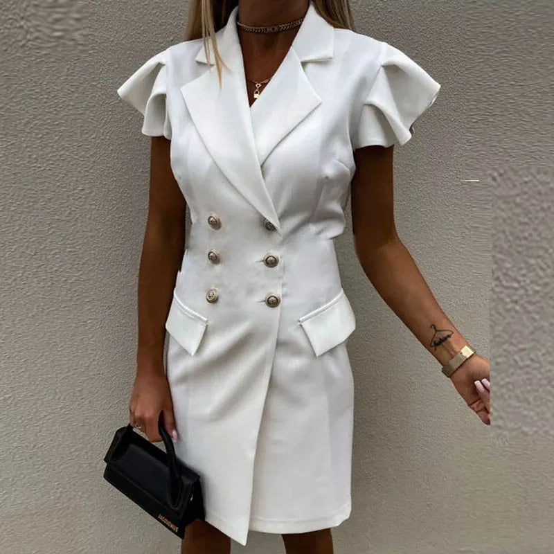 Women Elegant ruffle sleeve blazer dress office Lady 2022 Summer Double Breasted Notched Collar Solid Color Mini Blazer dress  Amaijoin