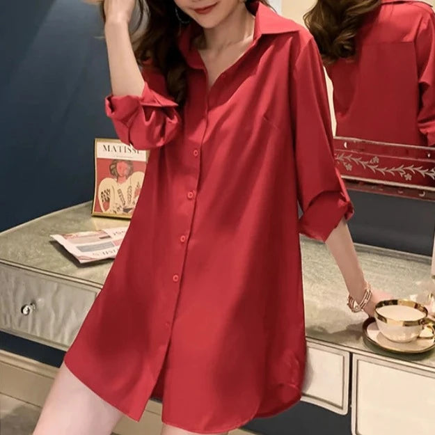 Mid-Length White Shirt Women BF Sexy Shirt Pajamas Female Skirt Ladies Tops Loose 2023 Autumn Clothing Women Shirts and Blouses  Amaijoin