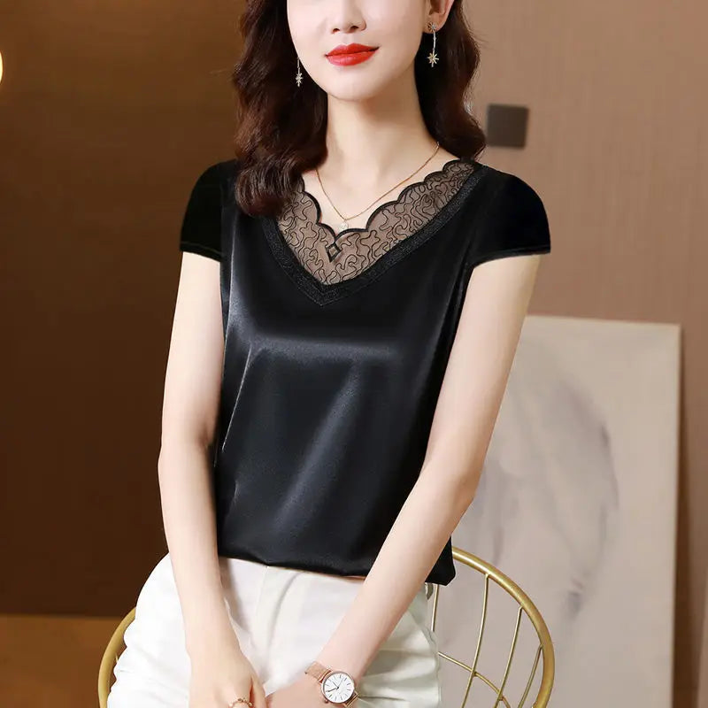 Fashion Foreign Style Loose Lace Short Sleeve T-Shirt Top Women's Spring and Summer Large Acetate Satin Bottomed Shirt  Amaijoin