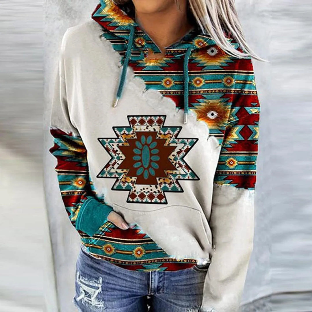 Womens Casual Geometric Horse Print Long Sleeve Drawstring Pullover Tops, Ethnic Style Hooded Sweatshirt  Amaijoin