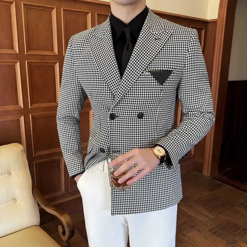 High Quality PU Splicing Blazers for Men Plaid Casual Business Suit Jackets Slim Fit Wedding Social Banquet Party Dress Coats  Amaijoin