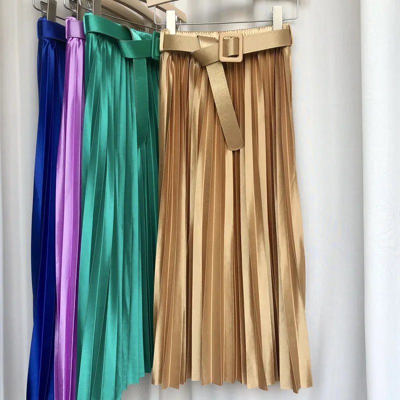 2024 New High Waist Elegant Stain Women's Pleated Skirts with Belted Solid Skirts Mi-long Umbrella Skirt Spring Summer  Amaijoin