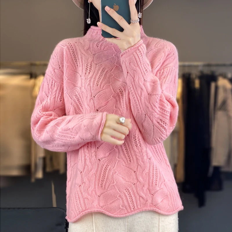 100% Australian Wool Sweater Solid Color Knitted Hollow Half High Collar Women's Pullover Sweater Slim Fit Exquisite Thin Style  Amaijoin