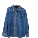 Load image into Gallery viewer, DEAT Women&#39;s Denim Shirt Loose Blue Grey Hot Fix Rhinestone Lapel Single Breasted Button Blouse 2024 Summer New Fashion 29L6940  Amaijoin
