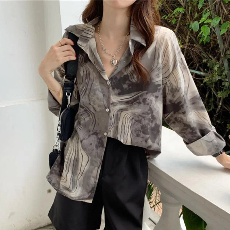 PLAZSON blusa mujer camisas e blusas Women Long Sleeve Loose Oversized Blouse Shirts Elegant Print Autumn Button Lapel Shirt  Amaijoin