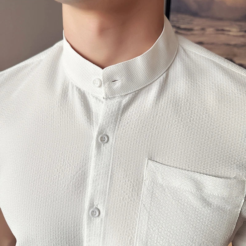 High Quality Stand Collar Shirt for Men Fashion Slim Fit Casual Shirts Short Sleeve Business Social Formal Shirt Men Clothing  Amaijoin