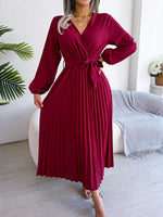 Load image into Gallery viewer, Women Elegant V Neck Long Sleeve Pleated Maxi Dress  Amaijoin
