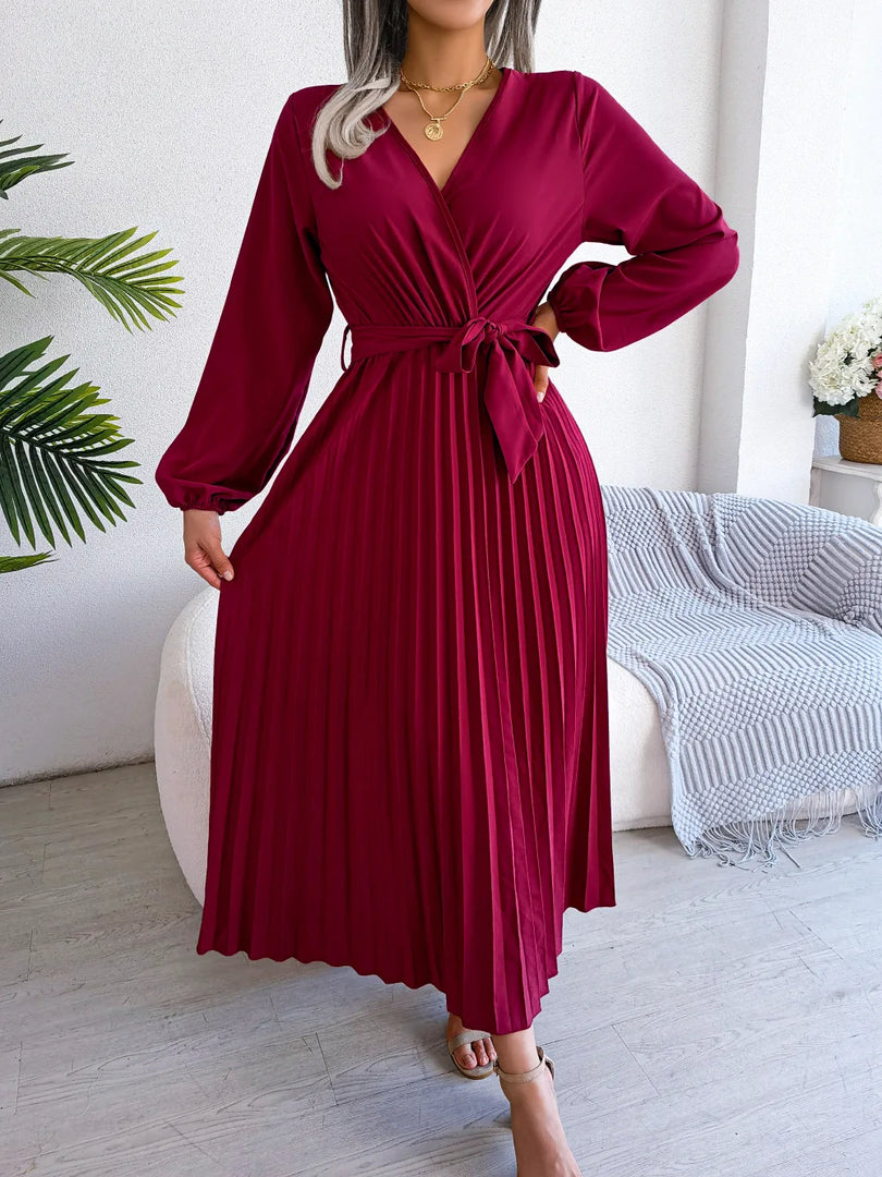 Women Elegant V Neck Long Sleeve Pleated Maxi Dress  Amaijoin