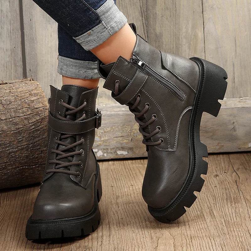 Belt Buckle Platform Combat Boots Women Chunky Heels Lace Up Ankle Boots Woman Side Zipper PU Leather Short Booties Plus Size 43  Amaijoin