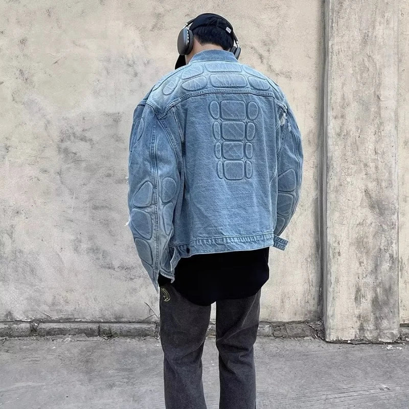 Retro Convex Turtle Shell Denim Jacket Men Hip Hop Ripped Hole Loose Harajuku Bomber Coats Cropped Street Autumn Jeans Outwear  Amaijoin