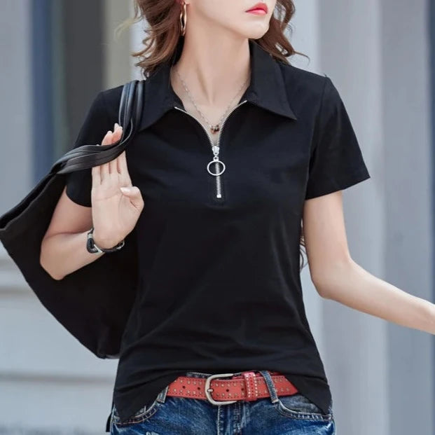 New 2024 Summer Women T Shirt Cotton Elegant Style Zipper Neck Fashion Office Lady Top Short Sleeve Polo For Women  Amaijoin