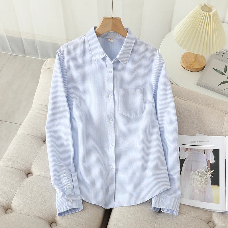 Women's Casual Cotton Oxford Shirt 2023 New Woman Striped Blouse and Tops Simple Solid Lady White Blue Shirts Clothes  Amaijoin