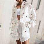 Load image into Gallery viewer, Women Two Piece Set Cotton Linen Ruffle Shirt Shorts Summer Home Heart Pattern Long Sleeve Button Blouse Short Set Outfits  Amaijoin
