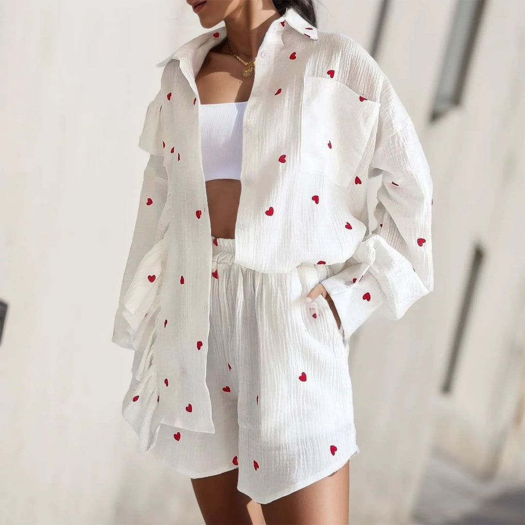 Women Two Piece Set Cotton Linen Ruffle Shirt Shorts Summer Home Heart Pattern Long Sleeve Button Blouse Short Set Outfits  Amaijoin