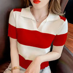 Load image into Gallery viewer, Clothing T-shirt Woman Tops Red Knit Polo Neck Shirts for Women Green Striped Short Sleeve Tee V Cute Youth High Quality Cotton  Amaijoin
