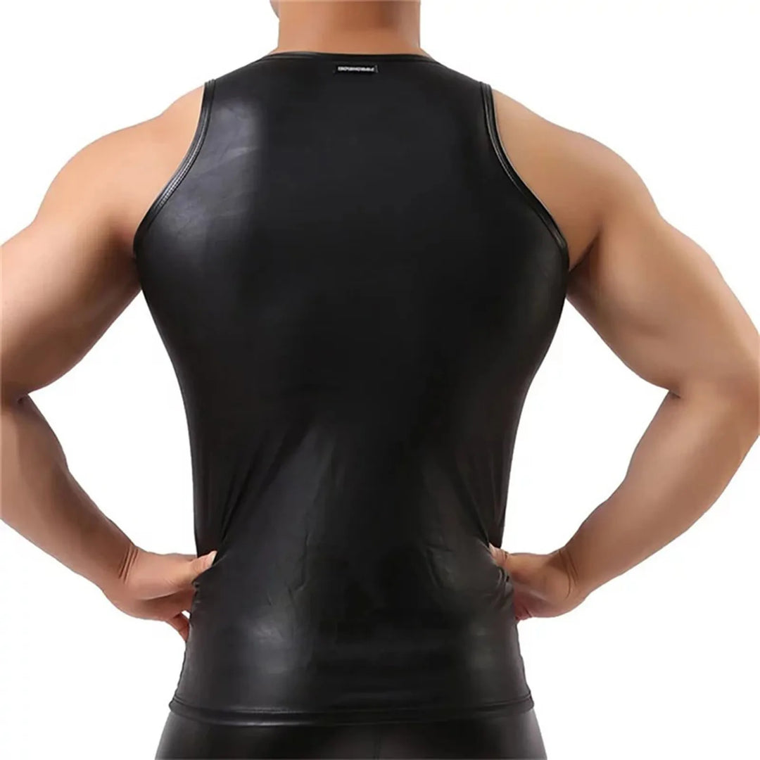 Men Sexy PU Leather Tank Top Sleeveless Erotic Shaping Sheath Stretch Shirts Soft Latex Bodycon Patent Leather T-shirt Club Vest  Amaijoin