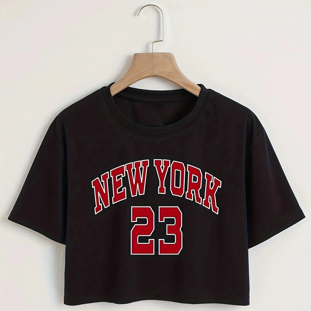 New York Letter Print Crop T-shirt, Casual Crew Neck Short Sleeve Top, Women's Clothing  Amaijoin