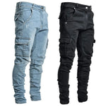 Load image into Gallery viewer, Street Elastic Jeans Men Denim Cargo Pants Wash Solid Color Multi Pockets Casual Mid Waist Trousers Slim Fit Daily Wear Joggers  Amaijoin
