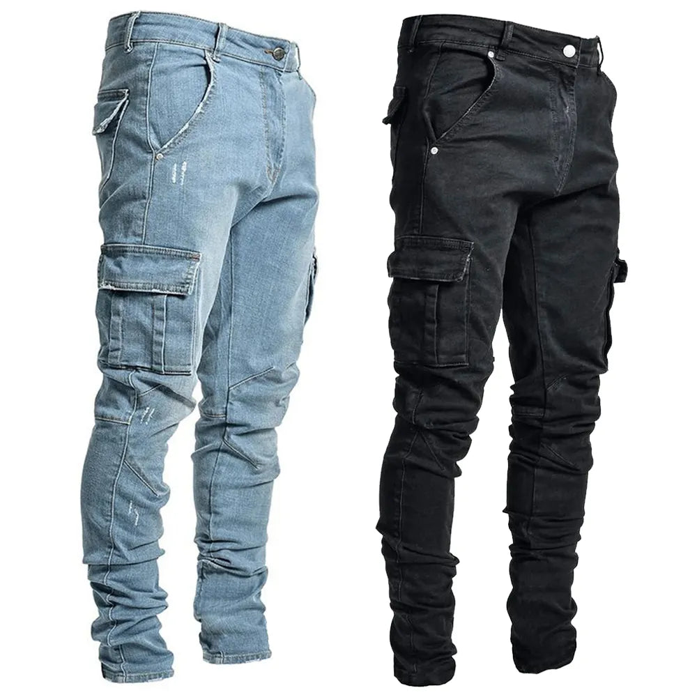 Street Elastic Jeans Men Denim Cargo Pants Wash Solid Color Multi Pockets Casual Mid Waist Trousers Slim Fit Daily Wear Joggers  Amaijoin