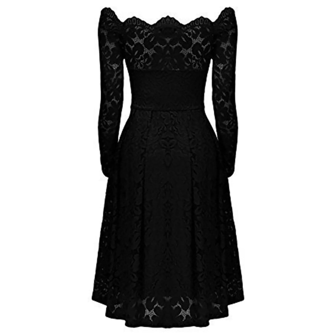 Women's Dresses Summer Dresses Hollow Out Long-Sleeve Waist A-Line Big Swing Lace with Lining Dress Flowy Dresses  Amaijoin