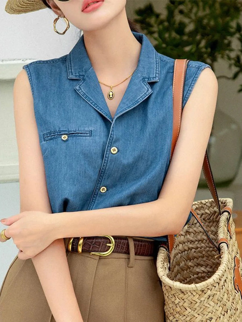 Vintage Denim Vest Women Summer Cuban Collar Sleeveless Shirt Loose Casual French Style Chic Pocket Blouse Outerwear Top  Amaijoin