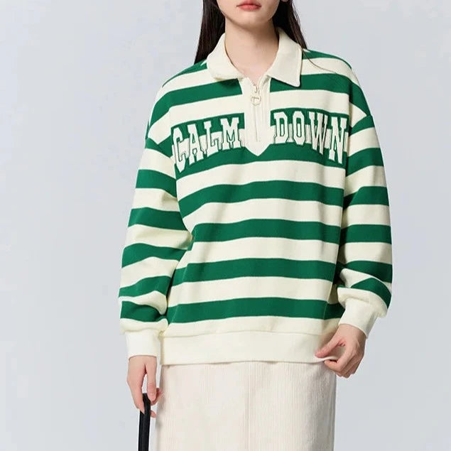 Semir Sweater Women Waffle Texture Striped Shirt Oversize Winter Polo Collar Letter Embroidered Retro Sweatshirt  Amaijoin