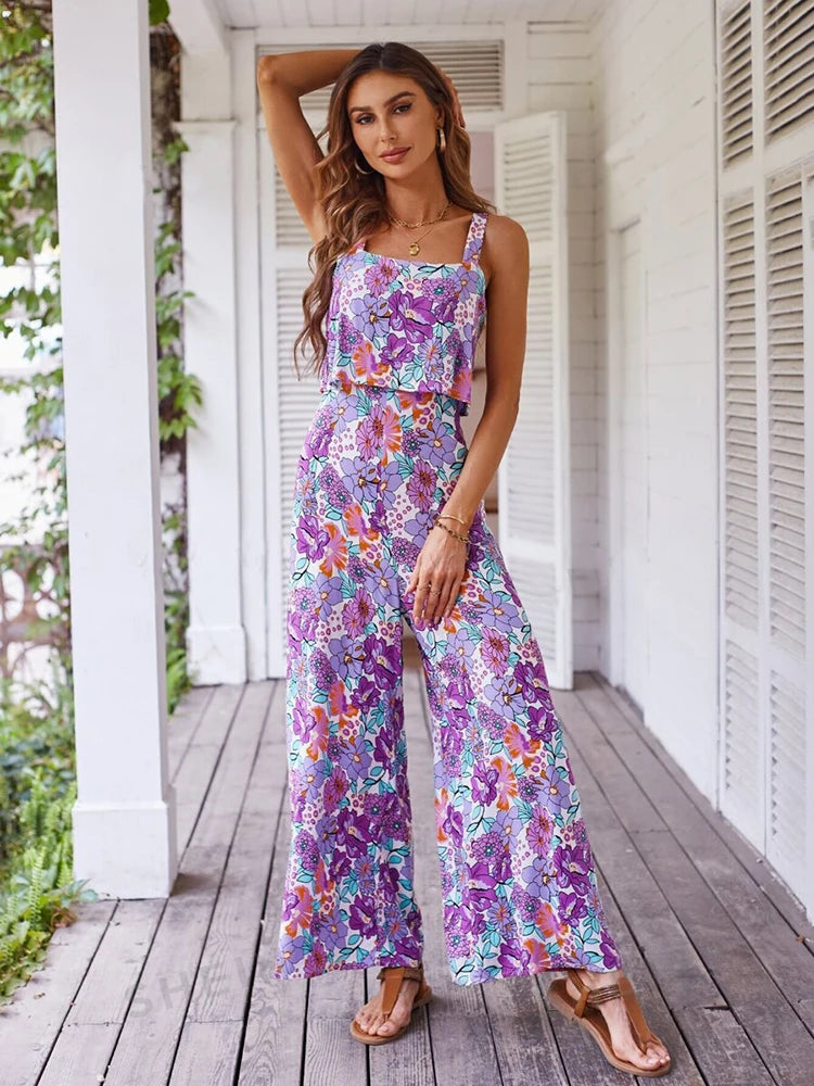 Elegant Long Jumpsuit Women Sexy Backless Wide Leg Jumpsuits Casual Sleeveless Floral Rompers Summer Clothes For Woman 2024 New  Amaijoin