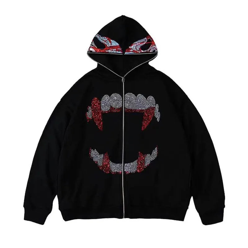 Autumn Fashion Punk Y2k Gothic Grunge Rhinestones Teeth Zip Up Hoodies Long Sleeve Coat Sweatshirt Jacket Streetwear  Amaijoin