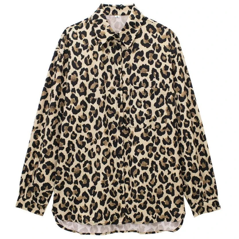 TRAF-Long Sleeve Leopard Shirts for Women, Button-up Blouses, Animal Print, Chic Tops, Female Fashion  Amaijoin