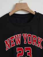 Carregue a imagem no visualizador da Galeria, New York Letter Print Crop T-shirt, Casual Crew Neck Short Sleeve Top, Women&#39;s Clothing  Amaijoin
