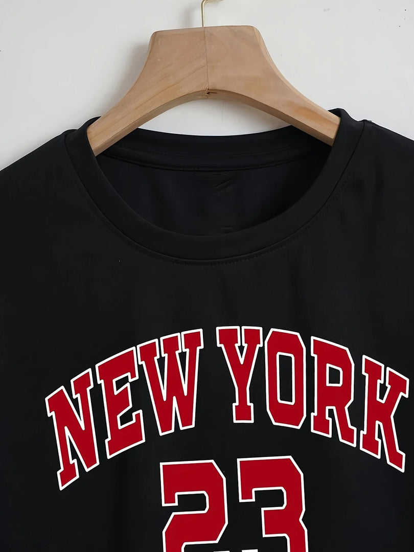 New York Letter Print Crop T-shirt, Casual Crew Neck Short Sleeve Top, Women's Clothing  Amaijoin