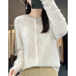 Load image into Gallery viewer, Round Neck 100% Merino Wool Cardigan Spring Autumn New Hollow Out Fashion Long Sleeved Solid Color Knitted Cardigan Sweater Top  Amaijoin
