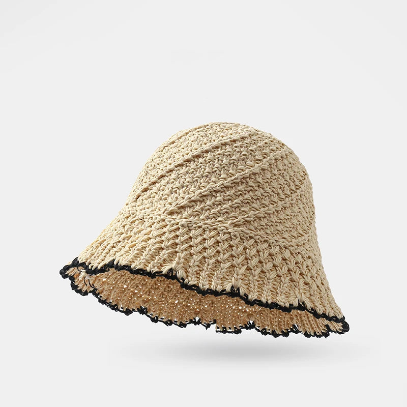 Straw Hat Female Summer Sunshade Sunscreen Beach Sun Hat Hollow Breathable Woven Face Show Bucket Fisherman Hat  Amaijoin