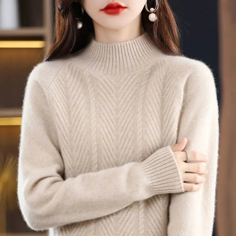 Cashmere sweater women pullover autumn and winter casual half high neck solid long sleeve knitted sweater pullover female top  Amaijoin